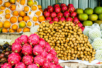 fruits on street market for tourist, mango, orange, Longkong, Longan, Lychee, Dragon fruit