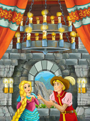 Obraz na płótnie Canvas happy cartoon scene with prince or king and princess or queen in castle room - illustration for children