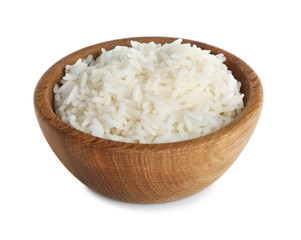 Wooden bowl with freshly cooked rice on white background