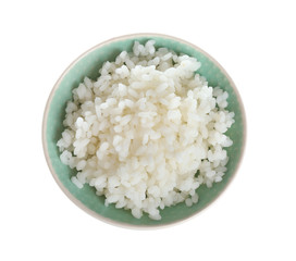 Bowl with freshly cooked rice on white background
