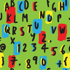 Colorful Letters and Numbers Hand Drawn Seamless Pattern on Green