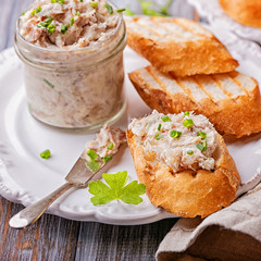 Slices of toast bread with fish pate, close up