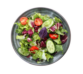 Plate with fresh vegetable salad on white background