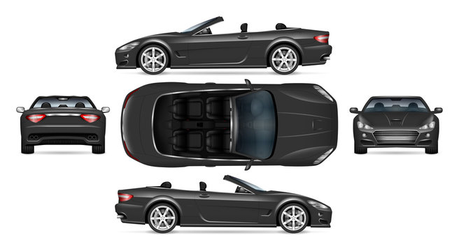 Black Convertible Car Vector Mockup On White For Vehicle Branding, Corporate Identity. View From Side, Front, Back, And Top. All Elements In The Groups On Separate Layers For Easy Editing And Recolor.