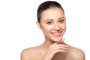 Beautiful smiling face of young adult woman with clean fresh skin - isolated on white background. spa, facial skin care