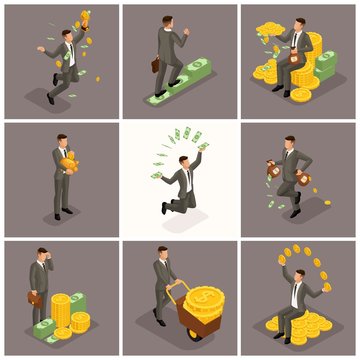 Trendy isometric people, 3d businessman, concept with young businessman, money, success, gold, wealth, joy, work, start-up on a dark background