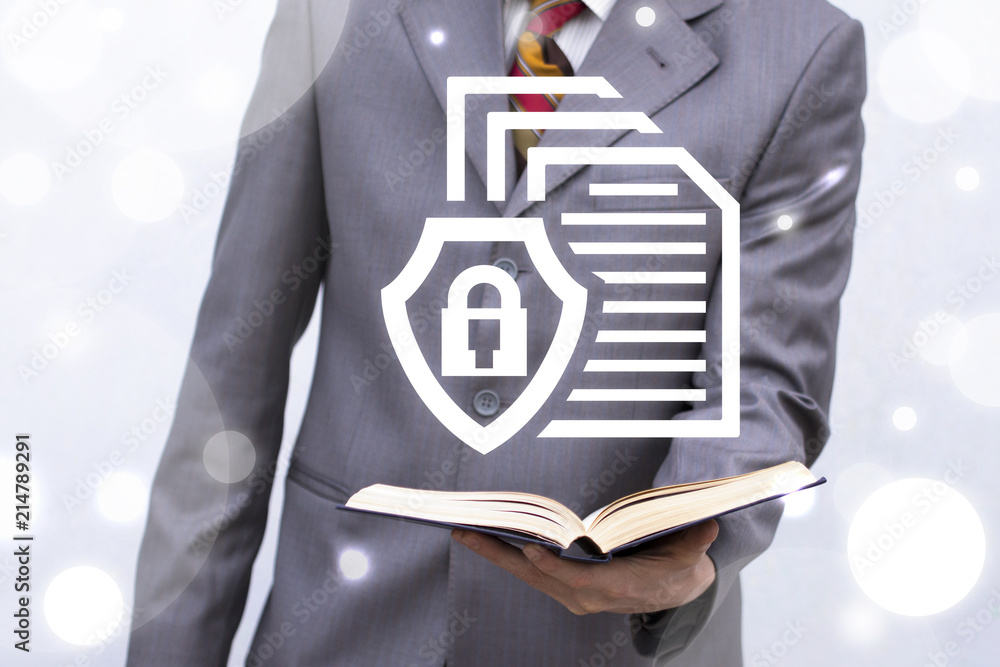 Poster man in a suit offers open book with documents and shield padlock icon. business education digital in