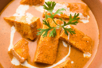 Paneer Butter Masala also known as Panir  makhani or makhanwala. served in a ceramic or terracotta bowl with fresh cream and coriander. Isolated over colourful moody background. selective focus