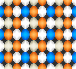 Seamless pattern made of oval abstract geometry shapes with inner starts in cold colors of shades of blue, white, orange and grey on black background, Easter egg imitation