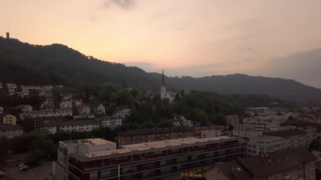 sunset time adliswil town aerial panorama 4k switzerland

