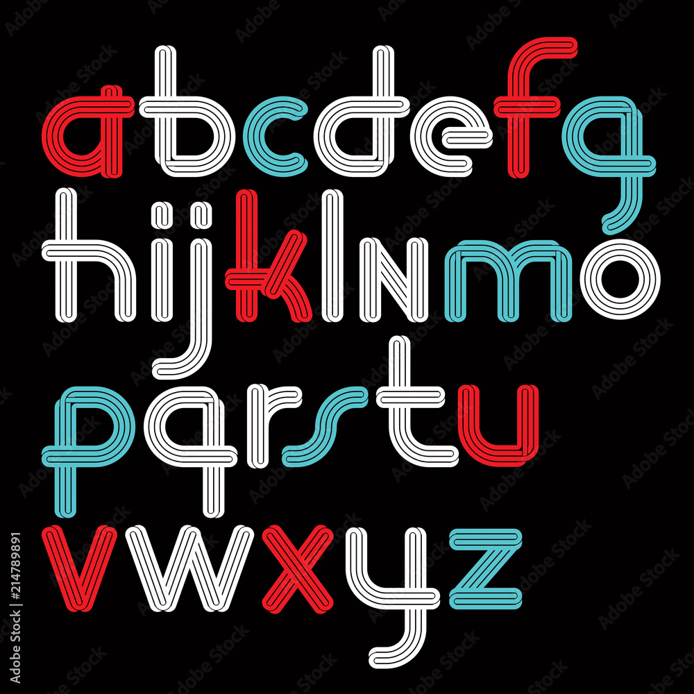 Poster set of vector rounded lower case funky alphabet letters isolated with parallel lines, can be used fo