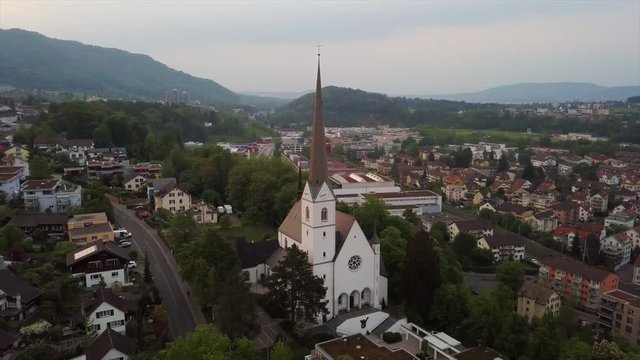 sunset time adliswil town church aerial panorama 4k switzerland
