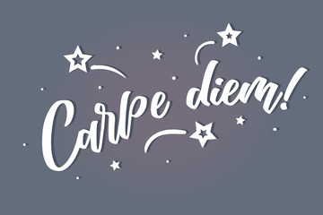 Fototapeta premium Carpe diem lettering card, banner. Beautiful greeting scratched calligraphy white text word stars. Hand drawn invitation print design. Handwritten modern brush blue background isolated vector