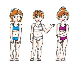 Sweet little girls standing wearing colorful bikini. Vector set of beautiful kids illustrations.