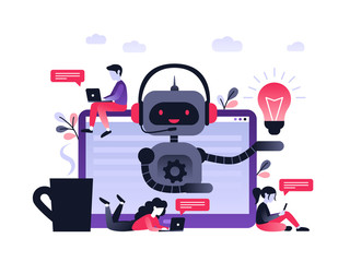 Chatbot business concept. Modern banner for the site. Chatbot, artificial intelligence, customer support, hotline with bot. Ultra violet flat vector illustration with computer on desk an small people