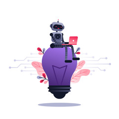 Machine learning algorithm concept with artificial neural network, deep learning. Robot with laptop sitting on big light bulb and flowers. Vector ultra violet concept illustration