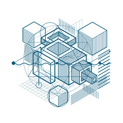 Isometric abstraction with lines and different elements, vector abstract background. Composition of cubes, hexagons, squares, rectangles and different abstract elements.