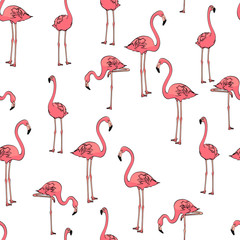 Obraz premium Seamless background, three pink flamingos on white. Vector