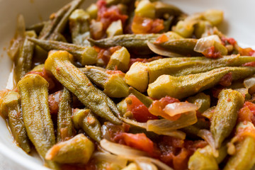 Turkish Food Okra Dish with Tomatoes and Onion Slices / Bamya