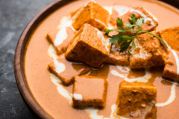 Paneer Butter Masala also known as Panir  makhani or makhanwala. served in a ceramic or terracotta bowl with fresh cream and coriander. Isolated over colourful moody background. selective focus