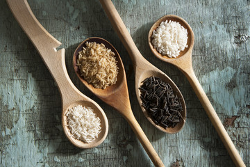 Rice Variety On Wooden Spoons