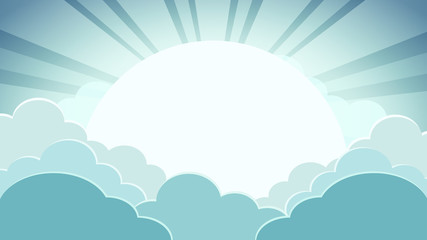 Colorful green sky background with clouds and sun with rays