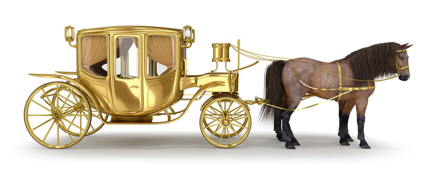 Golden coach with a pair of brown horses. 3d illustration