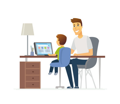 Father and son at the laptop - cartoon people characters illustration