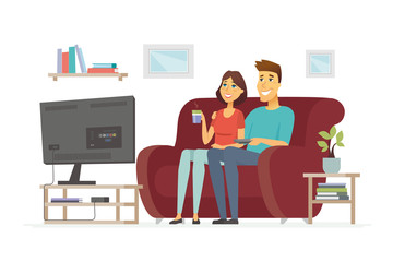 A couple resting in front of TV - cartoon people character isolated illustration