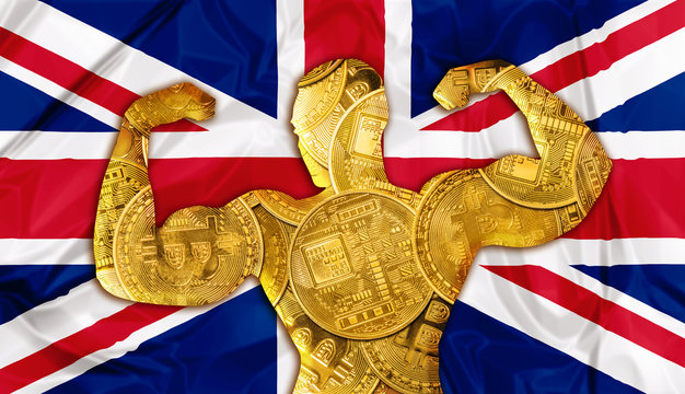 cryptocurrency mining business concept: powerful Great Britain Bitcoin and growth. english Flag and bodybuilder shaped Bitcoin crypto currency. Financial concept of exchange rate of Bitcoins in Pounds