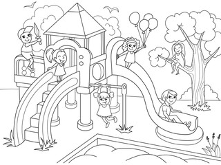 Childrens playground coloring. Raster illustration of black and white