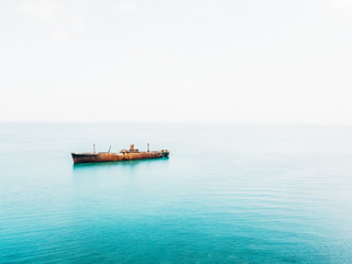 Aerial Drone View Of Old Shipwreck Ghost Ship Vessel