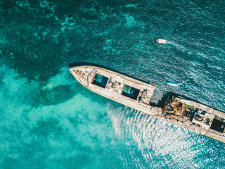 Aerial Drone View Of Old Shipwreck Ghost Ship Vessel