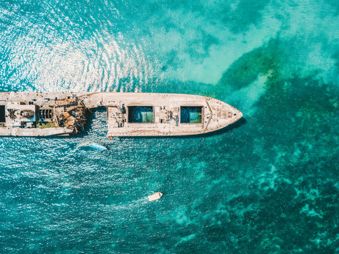 Aerial Drone View Of Old Shipwreck Ghost Ship Vessel