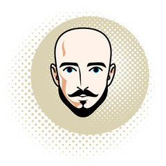 Caucasian man face features expressing confidence, vector human head illustration. Attractive bearded bald male with whiskers.