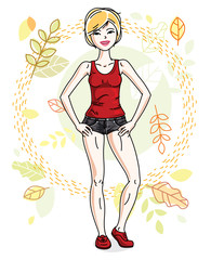 Attractive young blonde woman standing on background of autumn landscape and wearing stylish casual clothes. Vector human illustration.
