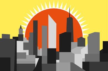 Abstract skyline of Manhattan New York City, in shades of grey. In the background a  setting orange sun on a yellow sky.