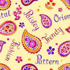 Seamless pattern from paisley and inscriptions, watercolor illustration, pattern for fabric, background for various designs.