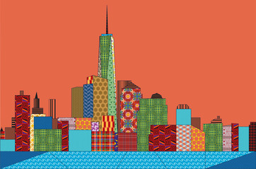 Abstract patchwork pattern illustration of Manhattan New York in bright colors.