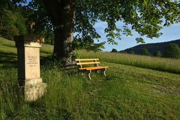 Baum mit Bank und  christlichem Gedenkstein