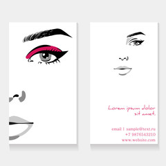 Set business card template for makeup artist. Beautiful woman portrait with eyeliner make up fashion illustration. Beauty makeup artist business card concept. Hand drawn graphic in watercolor style - 214795869