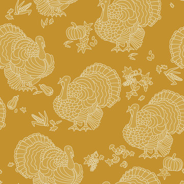Turkey, Thanksgiving, seamless pattern. Hand drawn vector illustration of turkey, pumpkin, corn, grapes, mushrooms, autumnal leaves.