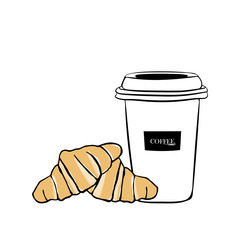 Coffee and croissant, love forever. Modern Vector illustration fashion. A Cup of coffee and two croissants on white background. - 214796206