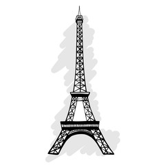 Hand draw Eiffel Tower. Eiffel Tower in Paris vector illustration, hand drawn famous french landmark silhouette on a watercolor splashes background