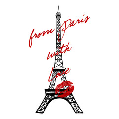 From Paris with love. Beautiful red lips kiss and Eiffel tower and hand draw lettering. Cute illustration with Paris fashion luxury design. Drawing of beauty symbol and love. Vector print for t-shirt