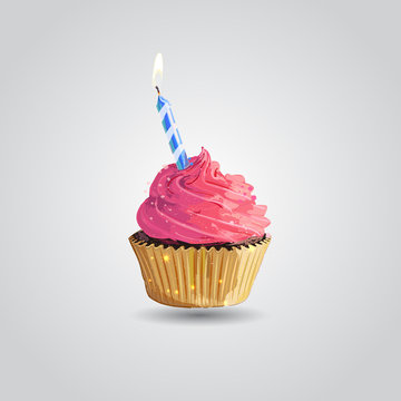 Cupcake. Birthday cupcake with candle isolated