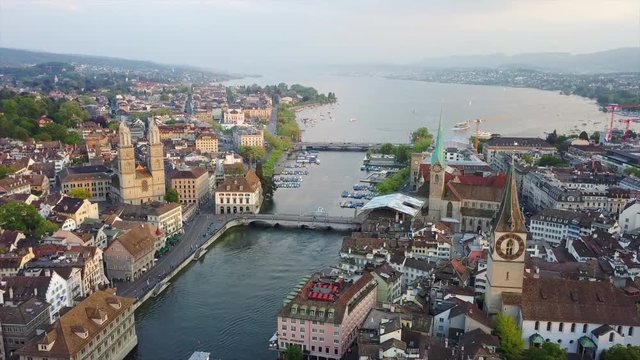 sunset time zurich cityscape central riverside aerial panorama 4k switzerland
