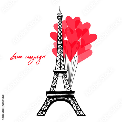 Eiffel Tower And Red Cute Heart Balloons Text Bon Voyage Eiffel Tower And Red Cute Heart Balloons Text Bon Voyage In Paris Themed Template Vector Ilration Hand Drawn Famous French Landmark