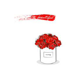 Beautiful red flower white box vector hand drawn fashion sketch. Label with glamour vogue flower box. Isolated element on white background for design flower store. Fashion vector illustration.