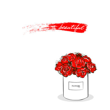 Beautiful Red Flower White Box Vector Hand Drawn Fashion Sketch. Label With Glamour Vogue Flower Box. Isolated Element On White Background For Design Flower Store. Fashion Vector Illustration.